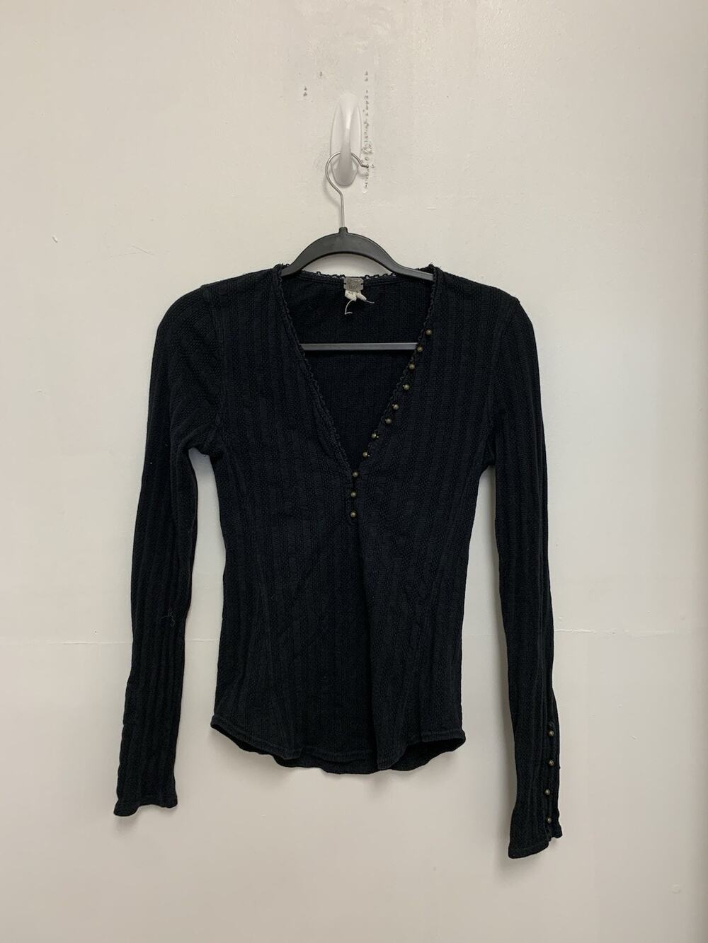 We The Free Black Ribbed Long Sleeve V-Neck Top Size Medium